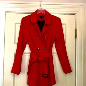 41 HAWTHORN cherry red 3/4 trench coat. Heavy duty cotton lined in navy poly.